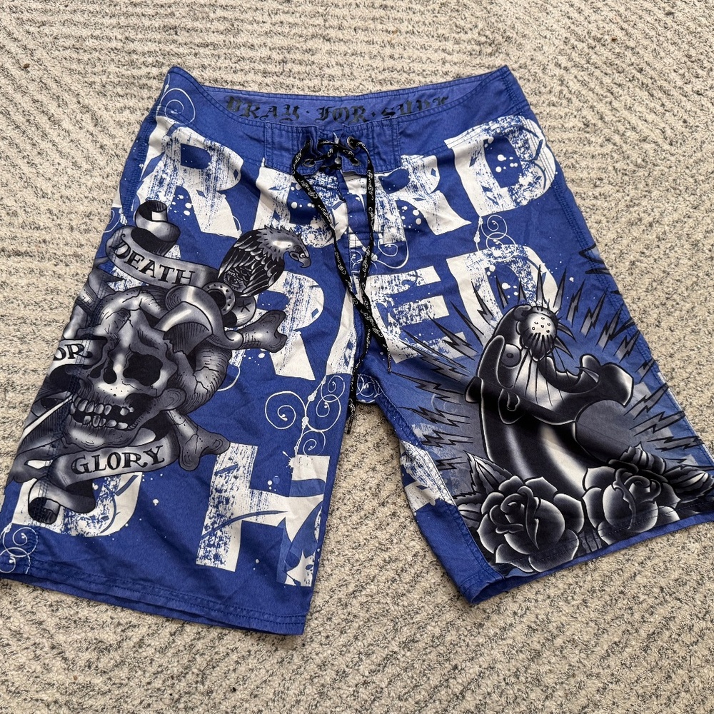 VTG Ed Hardy Christian Audigier Board Shorts Men 34 Skull Tattoo Y2K Swim Trunks